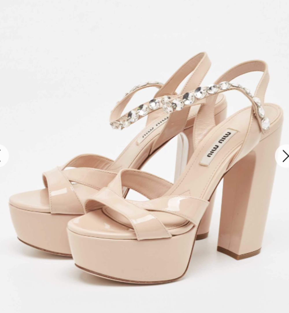 Miu Miu Patent Leather Crystal-Embellished Ankle Strap Sandals Beige Women EU 41